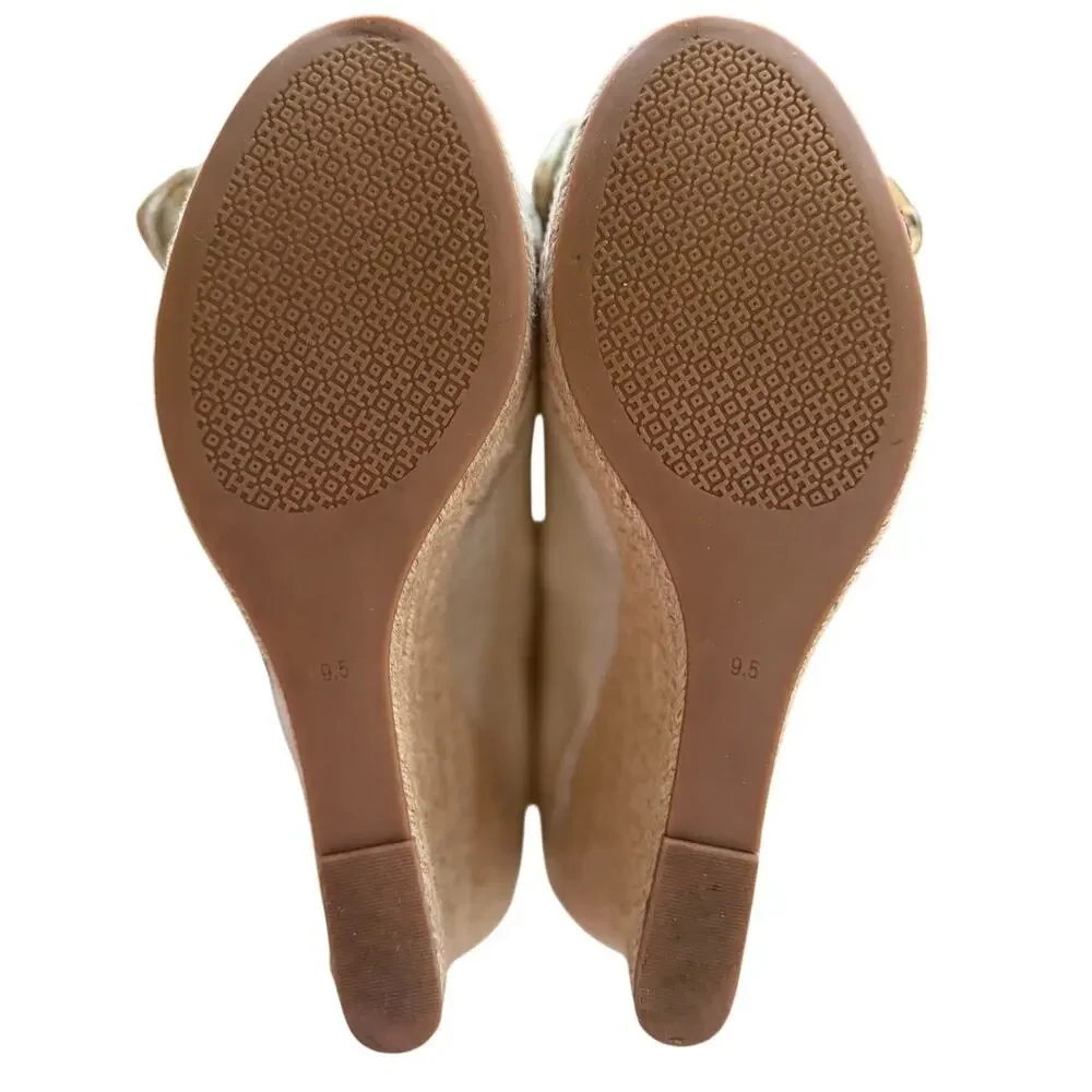 Tory Burch Dory Metallic Gold Rope Peep Toe Pump Espadrille Wedges